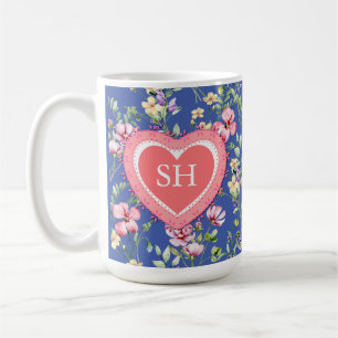 Caneca De Café Monograma de Padrão de Aquarela de Flor de Primave