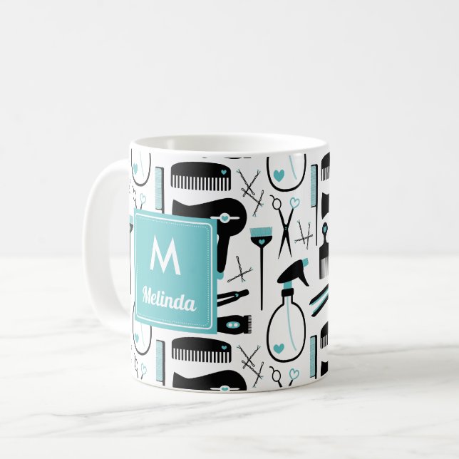 Caneca De Café Monograma de Padrão de Cabelo Preto-Teal Curto (Frente Esquerda)