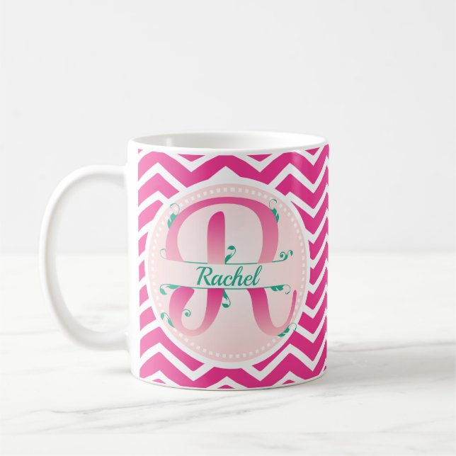Caneca De Café Monograma de Padrão de Chevron Rosa (Esquerda)