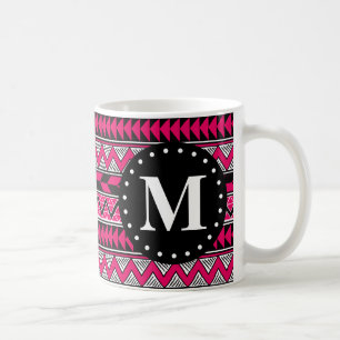 Caneca De Café Monograma de Padrão de Chevron Tribal Rosa Quente