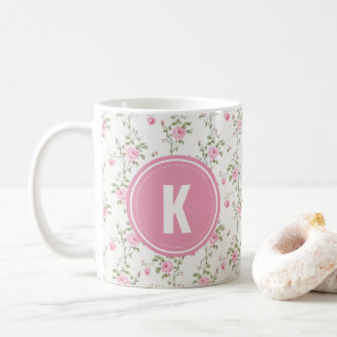 Caneca De Café Monograma de Padrão de Flores de Rosas Cor-de-Rosa