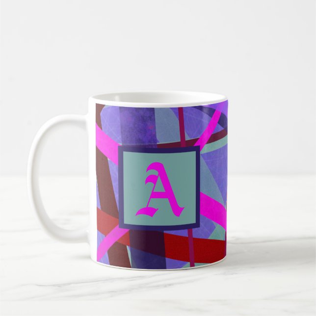 Caneca De Café Monograma de Padrão de Linhas Geométricas Rosa e P (Esquerda)