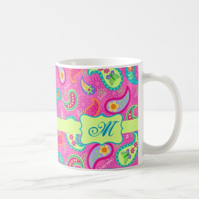 Caneca De Café Monograma de Padrão de Paisley Moderno de Fuchsia  (Direita)