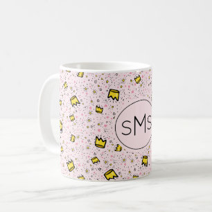 Caneca De Café Monograma de padrão de rabisco coroa rosa pastel b