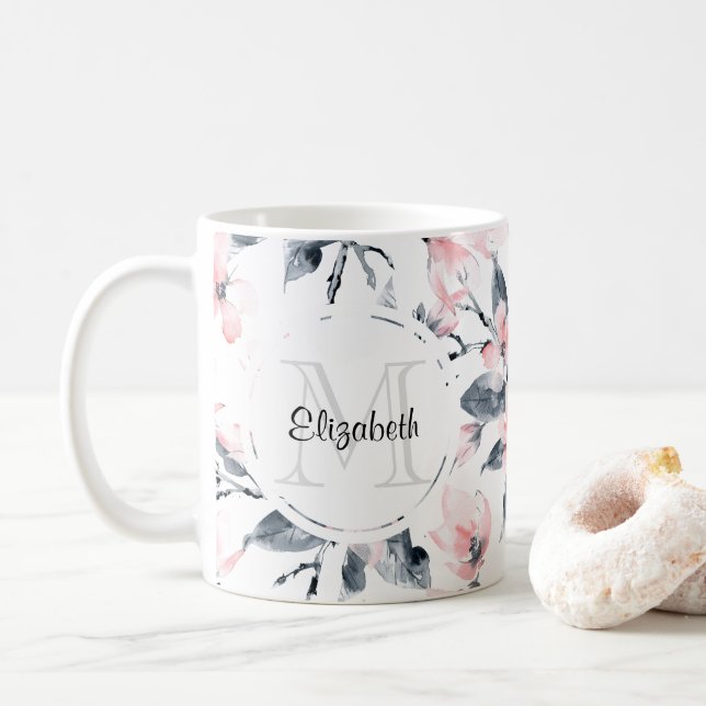 Caneca De Café Monograma de Padrão Flor de Aquarela Rosa e Cinza (Com Donut)