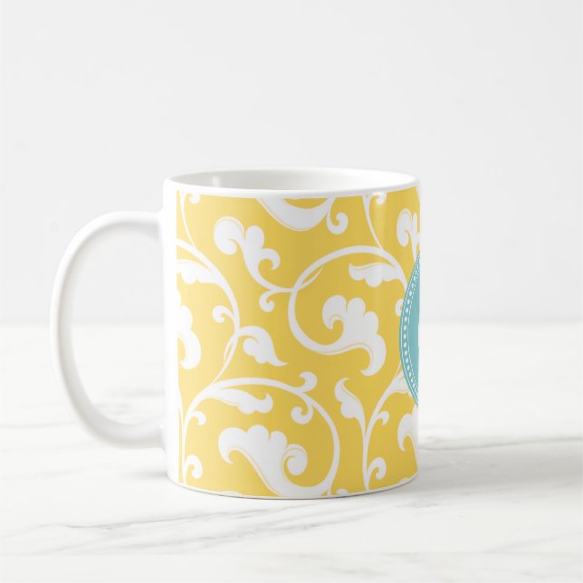 Caneca De Café Monograma de padrão floral amarelo elegante (Esquerda)