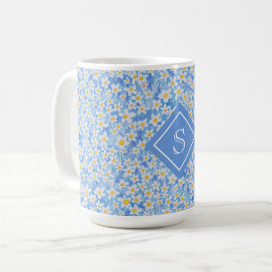 Caneca De Café Monograma de Padrão Floral Azul Daisy