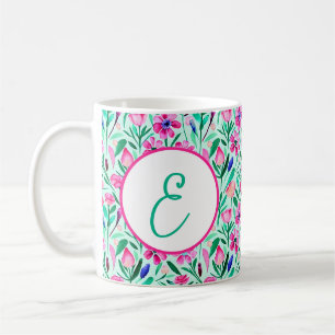 Caneca De Café Monograma de padrão floral em aquarela cor-de-rosa