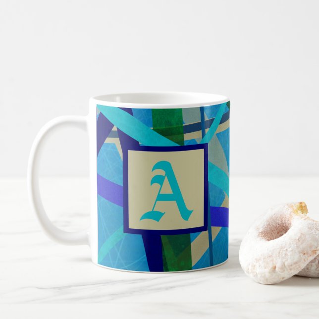 Caneca De Café Monograma de Padrão Geométrico Azul e Verde (Com Donut)