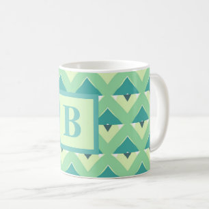 Caneca De Café Monograma de Padrão Geométrico Azul e Verde