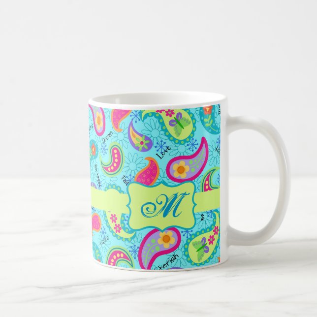 Caneca De Café Monograma de Paisley Verde Verde Turquesa Azul (Direita)