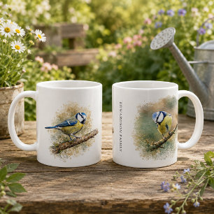Caneca De Café Monograma de pássaro chapim-azul em aquarela fofa