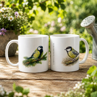 Caneca De Café Monograma de pássaro chapim-real em aquarela fofa