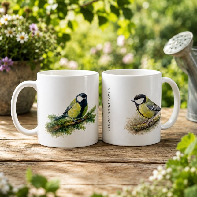 Caneca De Café Monograma de pássaro chapim-real em aquarela fofa (Cute watercolor great tit bird monogrammed coffee mug. Lovely mug for bird lovers.)