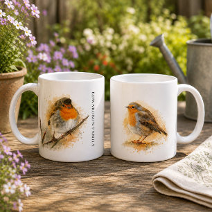 Caneca De Café Monograma de pássaro robin em aquarela fofa