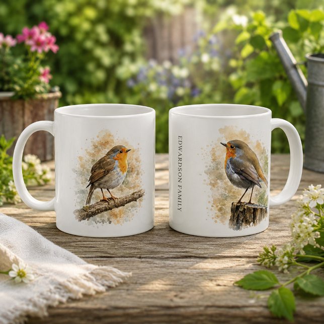 Caneca De Café Monograma de pássaro robin em aquarela fofa (Cute watercolor robin bird monogrammed coffee mug. Nice mug for bird lovers.)