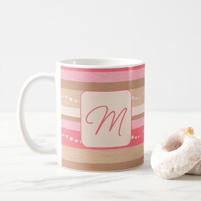 Caneca De Café Monograma De Pastel E Padrão De Stripes (Com Donut)
