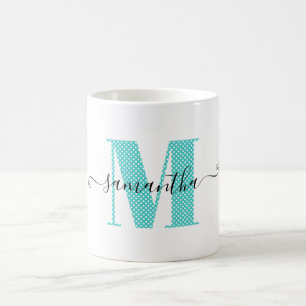 Caneca De Café Monograma de Pontos Turquesa e Branco Feminino