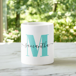 Caneca De Café Monograma de Pontos Turquesa e Branco Feminino
