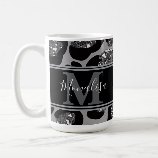 Caneca De Café monograma de prata e gliteria preta, personalizado (Esquerda)