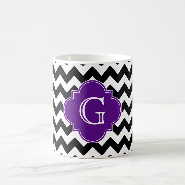 Caneca De Café Monograma de Quatrefoil Puro, Chevron Branco Preto (Centro)