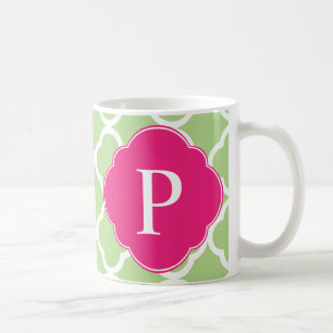 Caneca De Café Monograma de Quatrefoil Rosa Verde