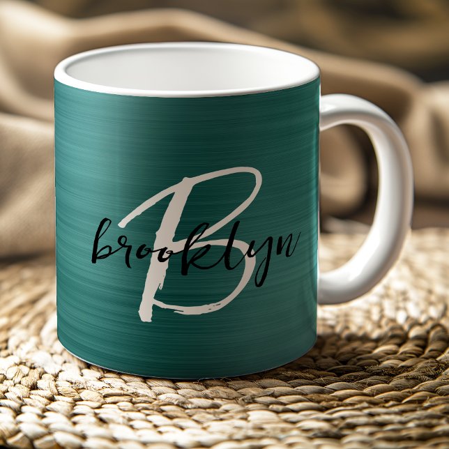 Caneca De Café Monograma de Script Branco Preto com metal escovad (Criador carregado)