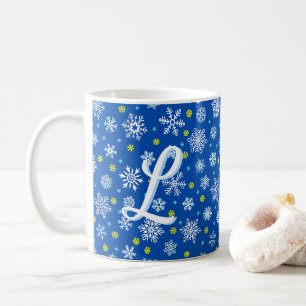 Caneca De Café Monograma de Script Elegante Azul Marinho Azul