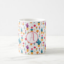 Caneca De Café Monograma de Script Floral de Cactus Azul-Cinto e