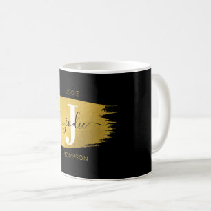 Caneca De Café Monograma de Script Preto e Dourado Moderno Inicia