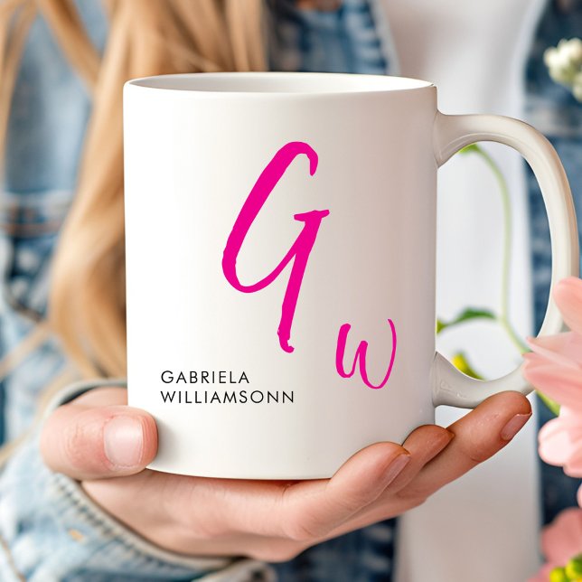 Caneca De Café Monograma de Script Preto e Rosa (Criador carregado)