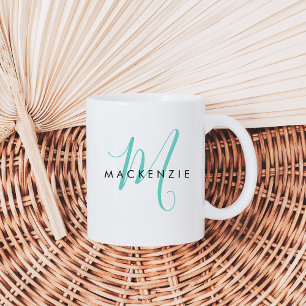 Caneca De Café Monograma de Script Teal Moderno Elegante