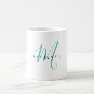 Caneca De Café Monograma de Script Teal Moderno Elegante