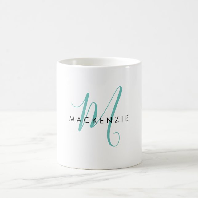 Caneca De Café Monograma de Script Teal Moderno Elegante (Centro)