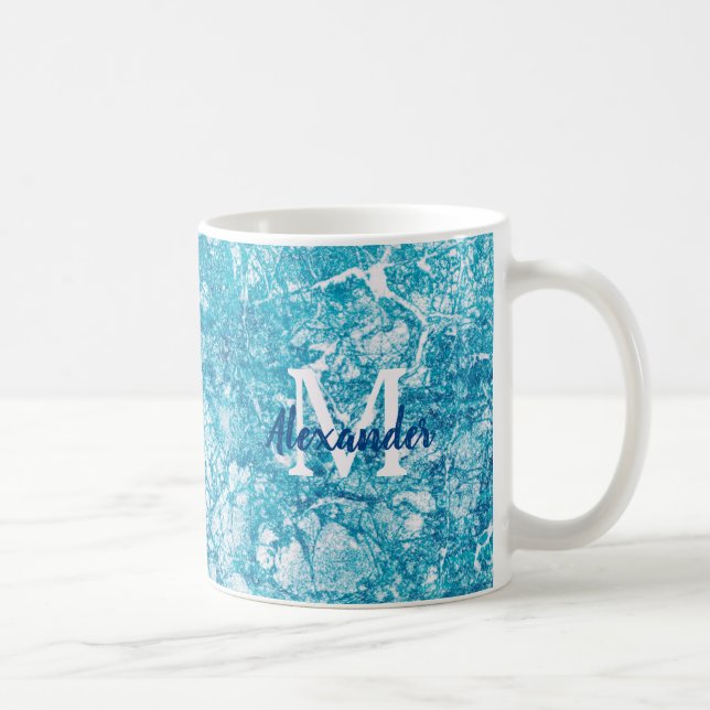 Caneca De Café Monograma de Textura Azul e Branco Marble (Direita)