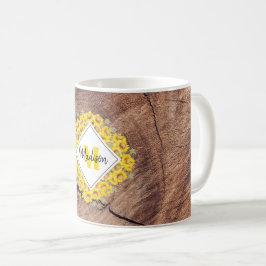Caneca De Café Monograma de Textura Rústica de Girassóis e Madeir