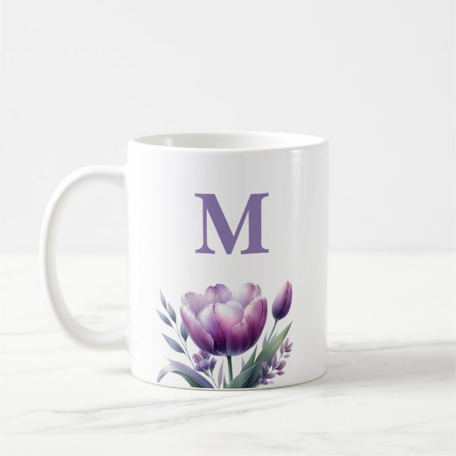 Caneca De Café Monograma de Tulipas Púrpura Personalizado (Esquerda)