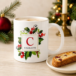 Caneca De Café Monograma de Verde Natal Vermelho Elegante