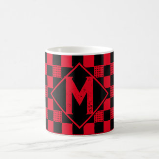 Caneca De Café Monograma de xadrez de búfalos vermelho e preto