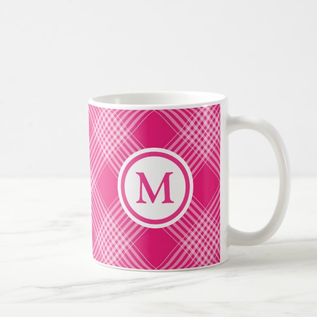 Caneca De Café Monograma de Xadrez rosa brilhante (Direita)
