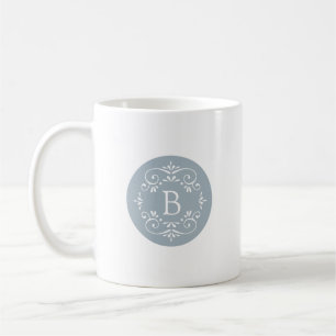 Caneca De Café Monograma Decorativo Branco e Azul