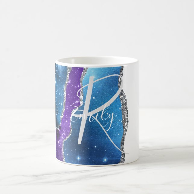 Caneca De Café Monograma do Abstrato de Marble de Agate Azul e Ro (Centro)