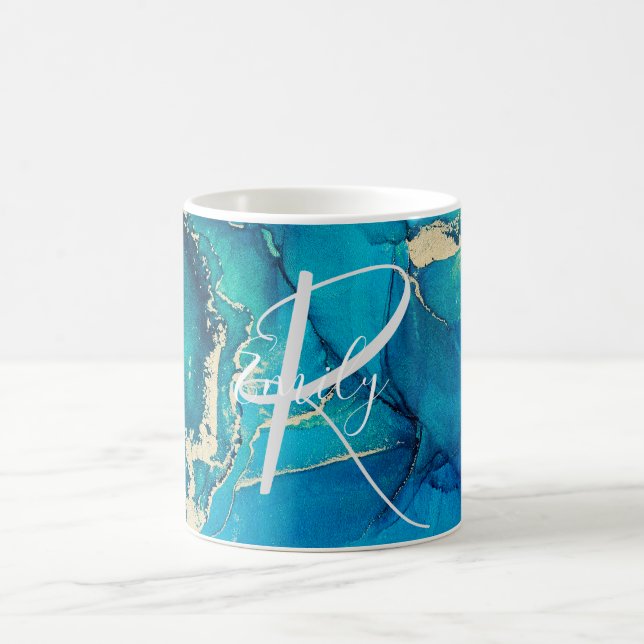 Caneca De Café Monograma do Abstrato do Marble Azul e Dourado (Centro)