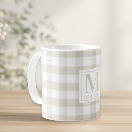 Caneca De Café Monograma do Nome da Família em Xadrez Búfalo Bege