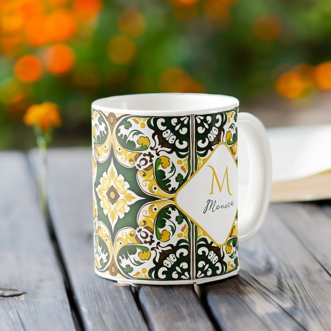 Caneca De Café Monograma do padrão azulejo português mediterrânic (Portuguese Mediterranean tile pattern Monogram Coffee Mug personalized gifts bridesmaid gifts favors)