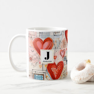 Caneca De Café Monograma do Padrão de Amor Imísico Corações Verme