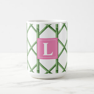 Caneca De Café Monograma do Padrão de Bamboo Preppy Green Trellis