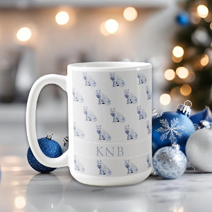 Caneca De Café Monograma do Padrão de Natal da Raposa Árctica de