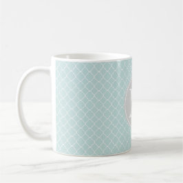 Caneca De Café Monograma do padrão do quatrefoil azul e branco