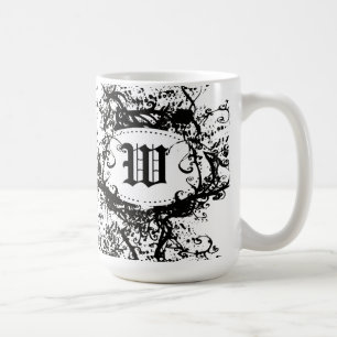 Caneca De Café Monograma do Padrão Retroativo Preto e Branco W